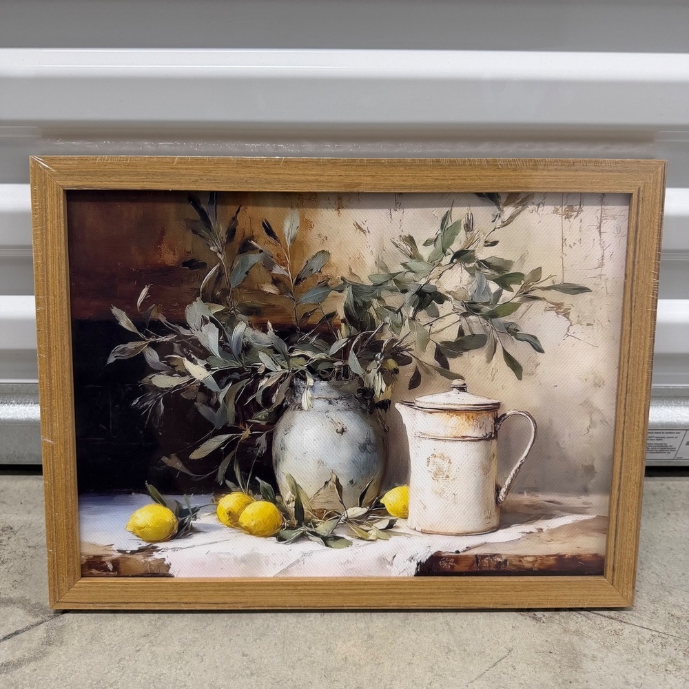 Rustic Still Life Framed Art Lemons Olive Branches Pitcher Farmhouse Decor